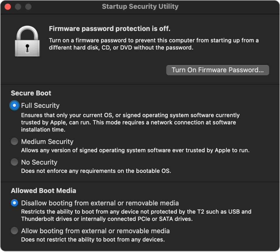 The Startup Security Utility main window, showing a note about firmware password protection, followed by three security options under the “Secure Boot” section and two security options under the “Allowed Boot Media” section.