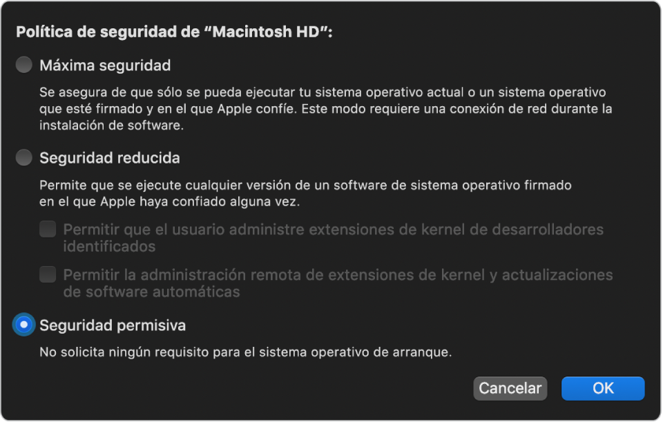 Un panel de selección de políticas de seguridad en la Utilidad de Seguridad de Inicio, con la política de Seguridad Permisiva seleccionada para el volumen Macintosh HD.
