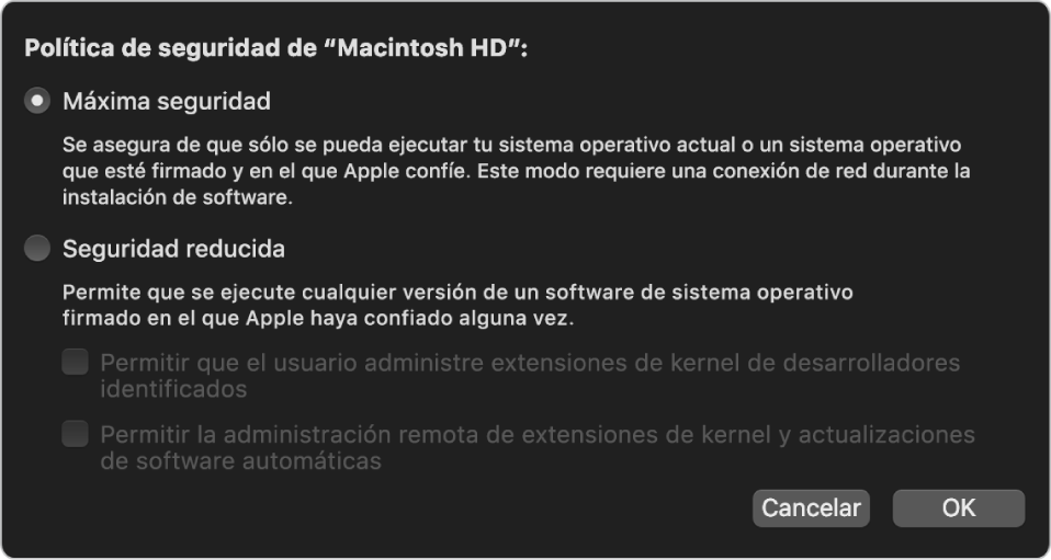 Un panel de selección de políticas de seguridad en Utilidad de Seguridad de Arranque, con la política Seguridad máxima seleccionada para el volumen Macintosh HD.