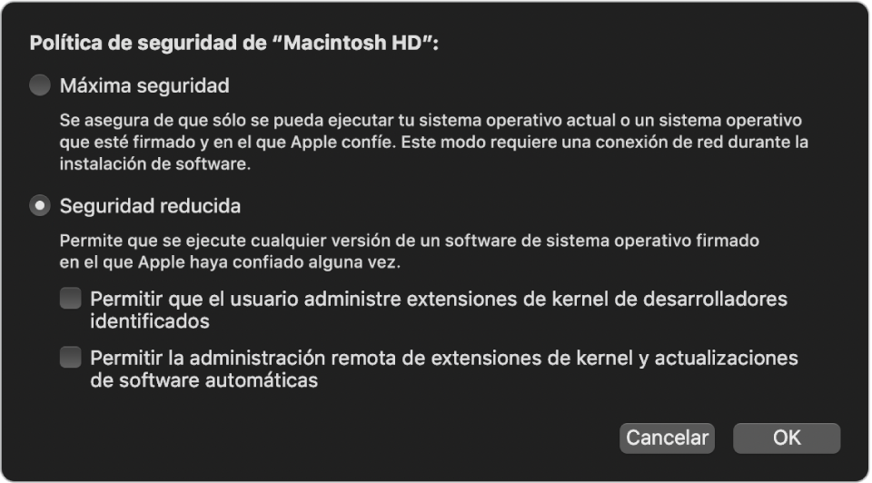 Un panel de selección de políticas de seguridad en Utilidad de Seguridad de Arranque, con la política Seguridad reducida seleccionada para el volumen Macintosh HD.