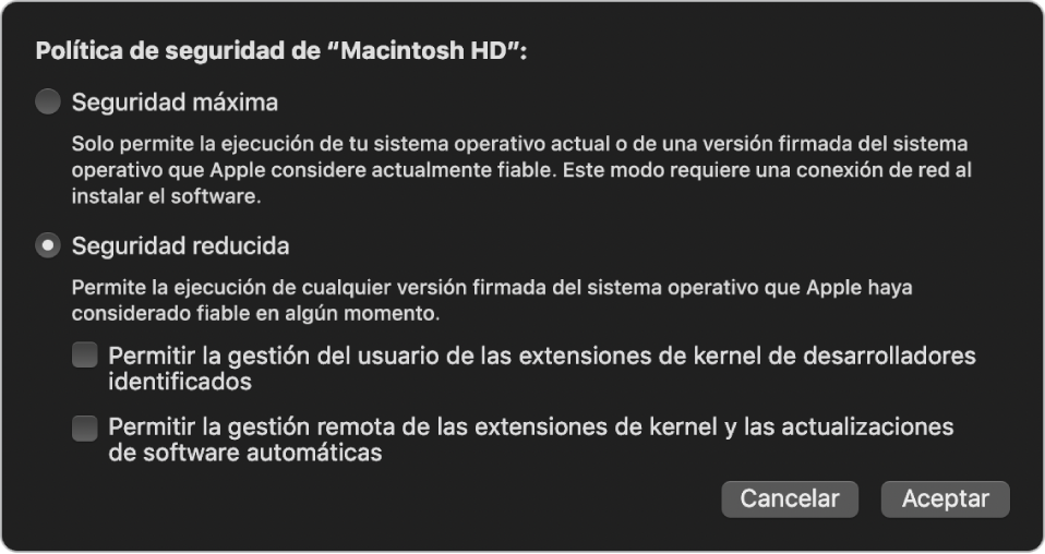 Panel de selección de políticas de seguridad en “Utilidad de seguridad de arranque”, con la política “Seguridad reducida” seleccionada para el volumen “Macintosh HD”.