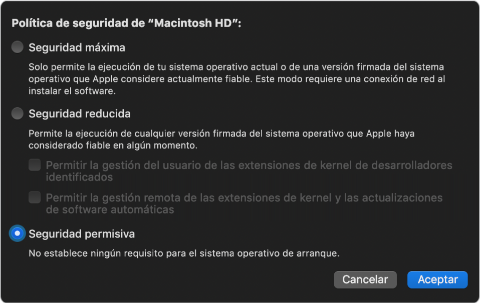 Panel de selección de políticas de seguridad en “Utilidad de seguridad de arranque”, con la opción “Seguridad permisiva” seleccionada para el volumen “Macintosh HD”.