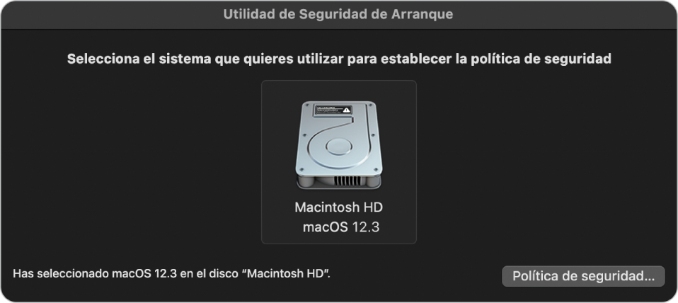 El panel de selección del sistema operativo en “Utilidad de seguridad de arranque”, que muestra el disco duro del Macintosh al que se quiere designar una política de seguridad. En la parte inferior derecha hay un botón que muestra las opciones de la política de seguridad para el volumen seleccionado.