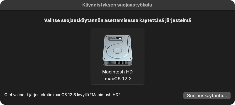 Käyttöjärjestelmän valitsimen osio Käynnistyksen suojaustyökalussa. Siinä näytetään Macintosh HD, jolle halutaan nimetä suojauskäytäntö. Alaoikealla on painike, jolla tuodaan esiin valitun taltion suojauskäytäntöasetukset.