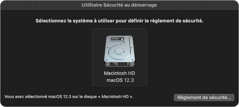 La sous-fenêtre du sélecteur de système d’exploitation dans l’utilitaire Sécurité au démarrage qui affiche le disque dur Macintosh souhaité pour la désignation d’une politique de sécurité. En bas à droite se trouve un bouton permettant de faire apparaître les options de la politique de sécurité pour le volume sélectionné.
