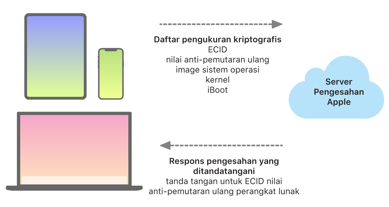 Diagram menampilkan bagaimana perangkat Apple mengirimkan informasi ke server Pengesahan Apple, yang kemudian mengirimkan respons kembali.