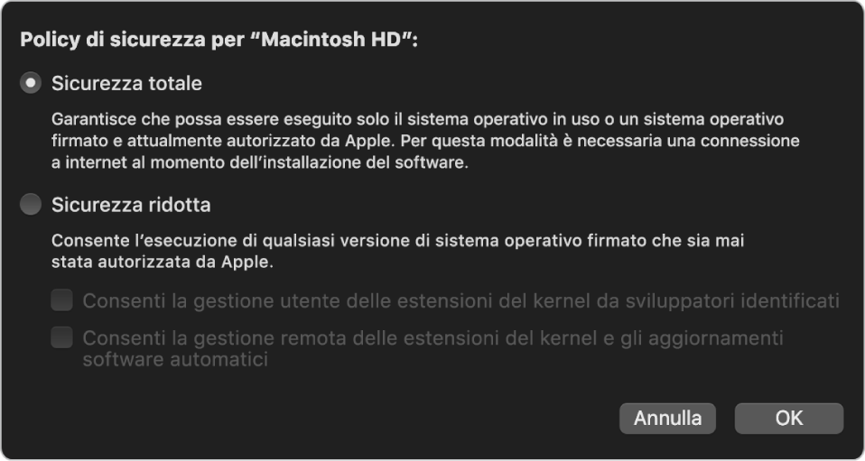 Pannello del selettore della politica di sicurezza in Utility Sicurezza Avvio, con l'opzione “Sicurezza totale” selezionata per il volume “Macintosh HD”.