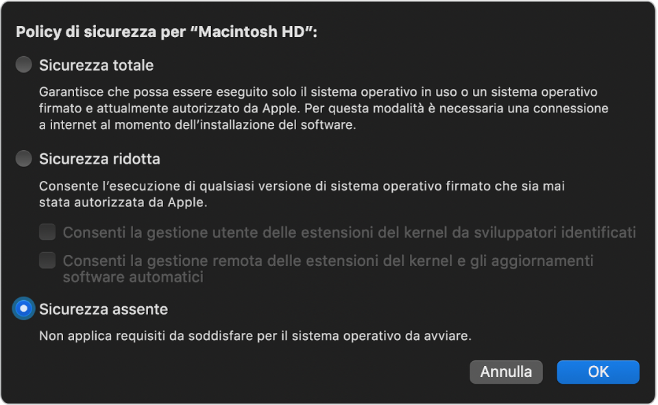 Pannello del selettore della politica di sicurezza in Utility Sicurezza Avvio, con l'opzione “Sicurezza assente” selezionata per il volume “Macintosh HD”.