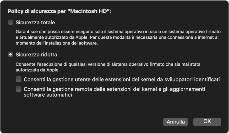 Pannello del selettore della politica di sicurezza in Utility Sicurezza Avvio, con l'opzione “Sicurezza ridotta” selezionata per il volume HD Macintosh.