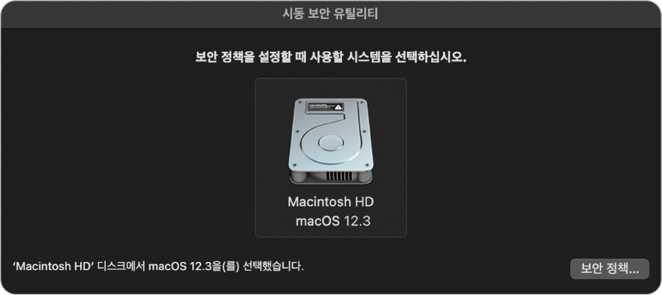 보안 정책을 지정하는 데 필요한 Macintosh HD를 표시하는 시동 보안 유틸리티의 운영 체제 선택기 패널. 오른쪽 하단에는 선택한 볼륨의 보안 정책 옵션을 불러오는 버튼이 있음.