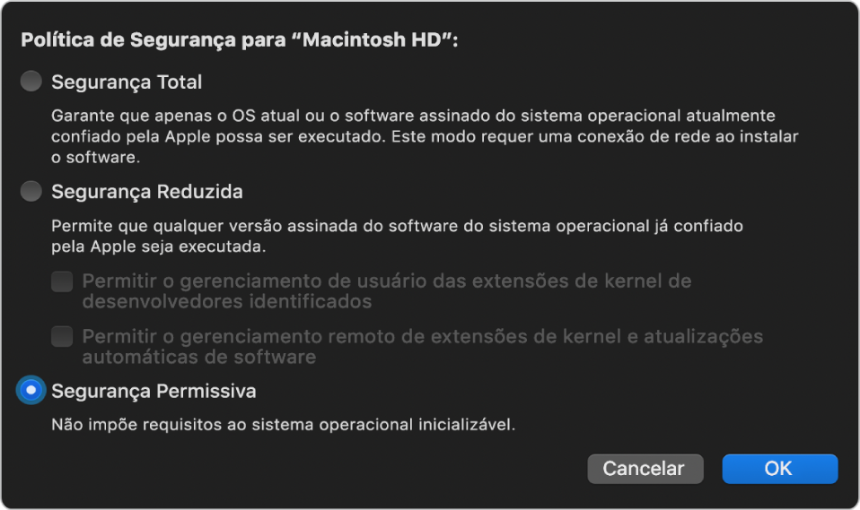Painel do seletor de política de segurança no Utilitário de Segurança da Inicialização, com a política Segurança Permissiva selecionada para o volume “Macintosh HD”.