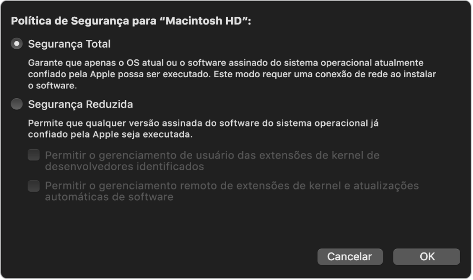 Painel do seletor de política de segurança no Utilitário de Segurança da Inicialização, com Segurança Total selecionado para o volume “Macintosh HD”.
