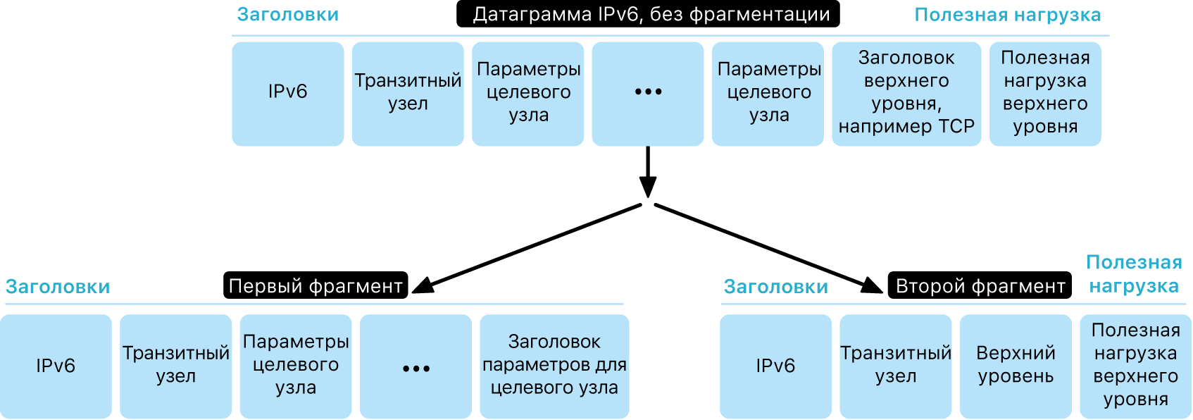 Блок-схема протокола IPv6 на двух уровнях: один без фрагментации, а ниже с фрагментацией.