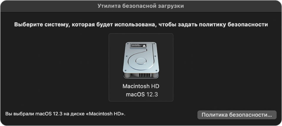 Панель инструмента выбора операционной системы в Утилите безопасной загрузки, где показан том Macintosh HD, где можно назначить политику безопасности. Внизу справа находится кнопка для отображения параметров политики безопасности для выбранного тома.