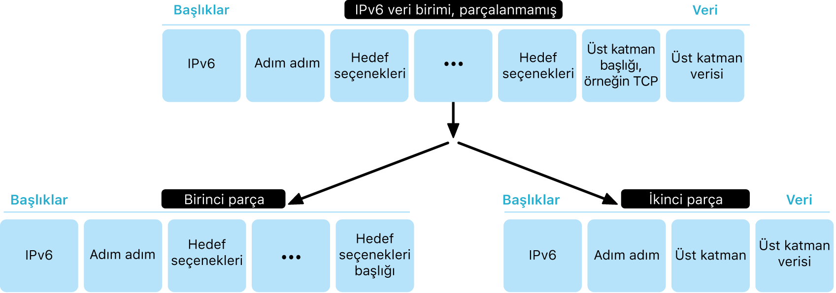 İki katmanda IPv6 datagramını gösteren bir diyagram: bölünmemiş ve onun altında da bölünmüş.