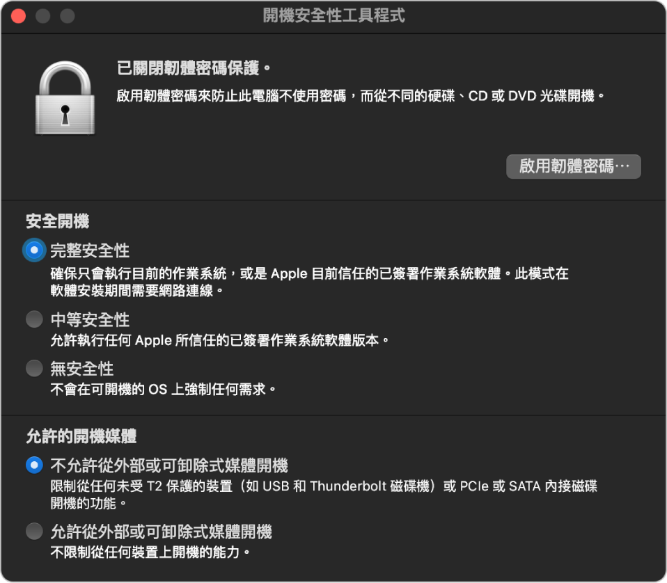 「開機安全性工具程式」主視窗，顯示有關韌體密碼保護的附註，然後是「安全開機」區段下的三個安全層級選項和「允許的開機媒體」區段下的兩個安全層級選項。