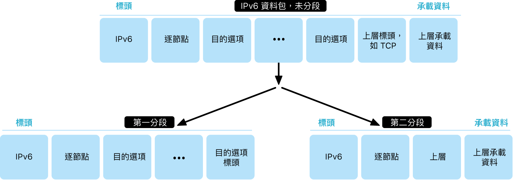 圖表顯示兩個層級的 IPv6 資料包：完整的，其下方是片段的。