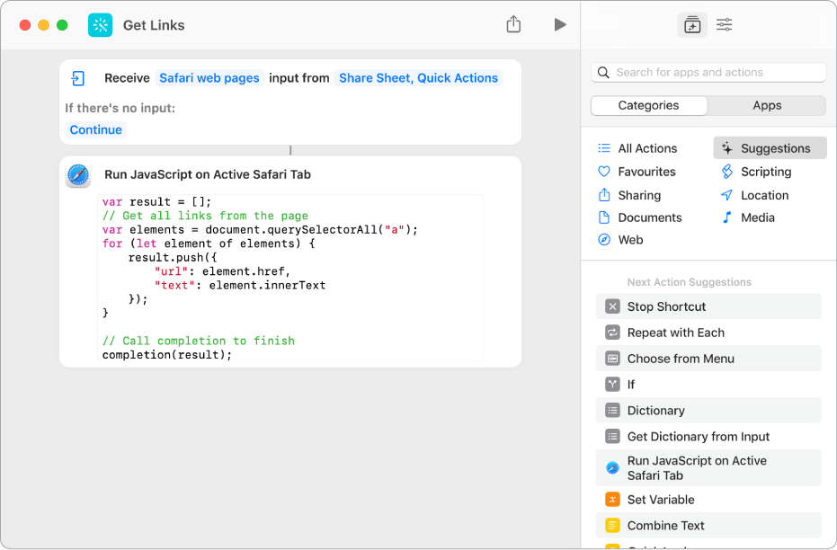 The Run JavaScript on Web Page action in the shortcut editor.