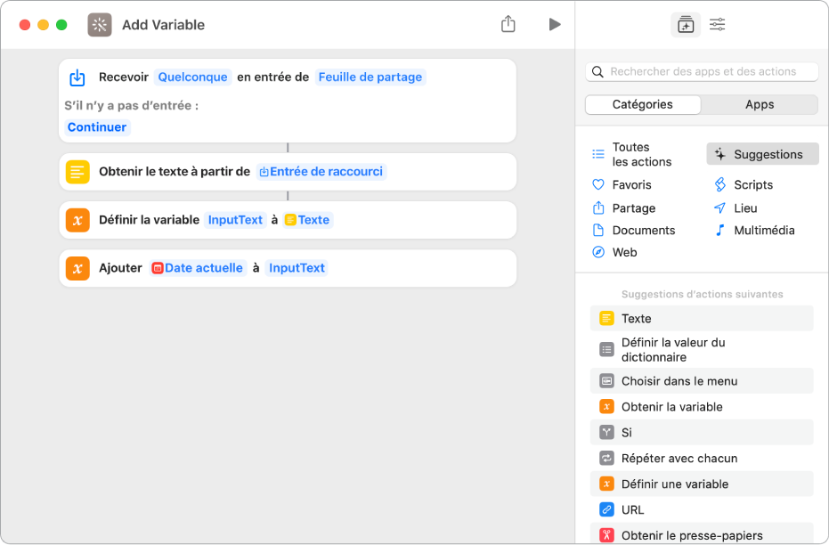 Actions Définir une variable et Ajouter à la variable dans l’éditeur de raccourcis.