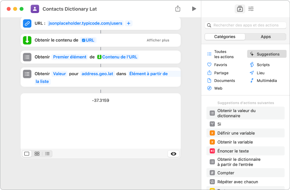 Clé de l’action Obtenir la valeur du dictionnaire dans l’éditeur de raccourcis réglée sur address.geo.lat.