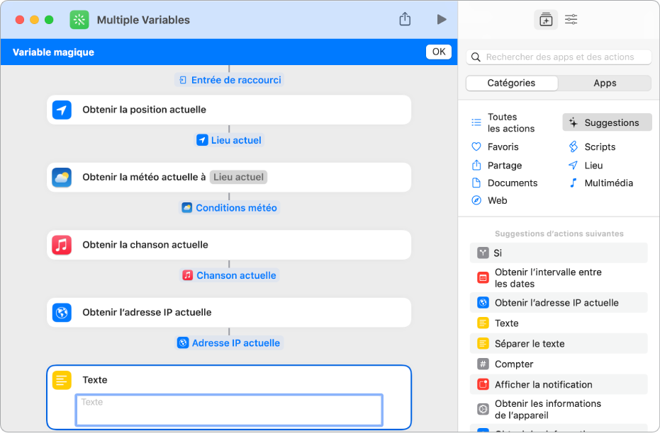 Éditeur de raccourcis des variables sélectionnables.