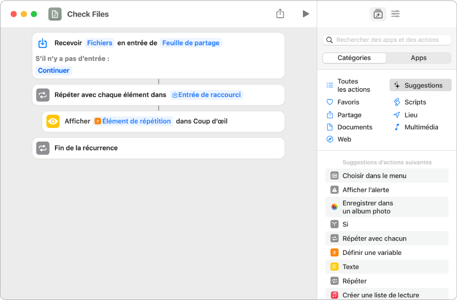 Action Coup d’œil dans l’éditeur de raccourcis.