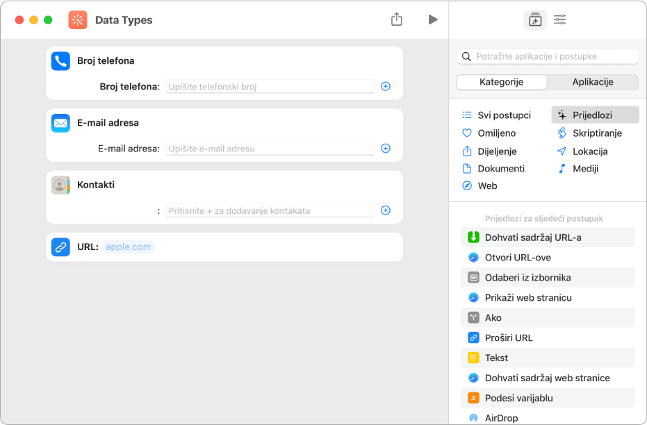 Urednik prečaca s prikazom radnji koje pohranjuju sadržaj u prečac.