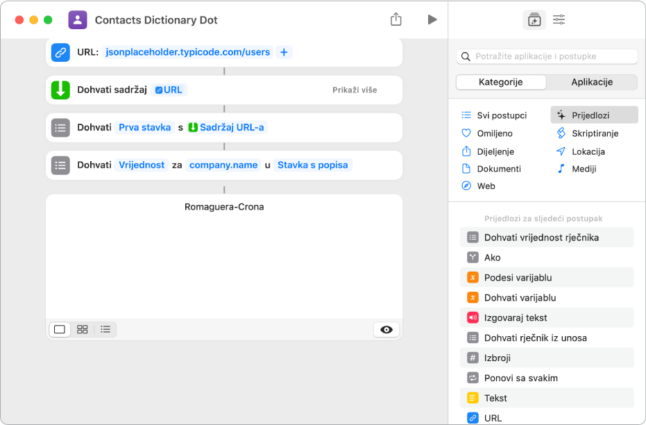 Radnja Dohvati rječničku vrijednost u uredniku prečaca s ključem koji je postavljen na opciju naziv.tvrtke.