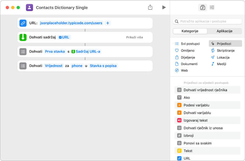 Radnja Dohvati rječničku vrijednost u uredniku prečaca s ključem koji je postavljen na opciju telefona.