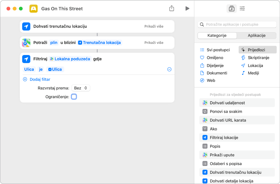Radnja Filtriraj lokacije za pretraživanje u uredniku prečaca.