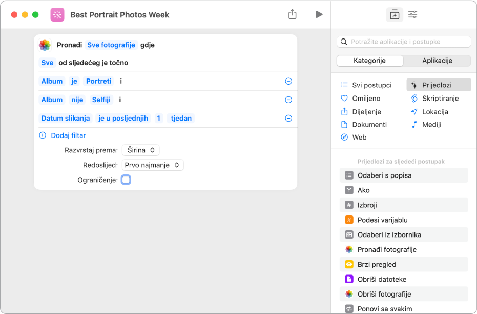 Radnja Pronađi fotografije za pretraživanje lokacije u uredniku prečaca.