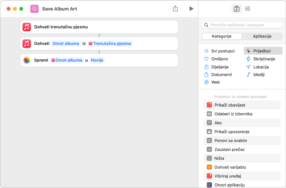 Primjer prečaca s prikazom postupaka koji izvlače sadržaj iz unosa.