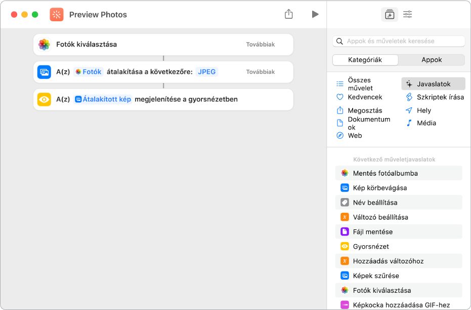 Példa a „lekérés” műveletre, amely során a középső sor egy másik műveletnek továbbítja a kimeneti adatait.
