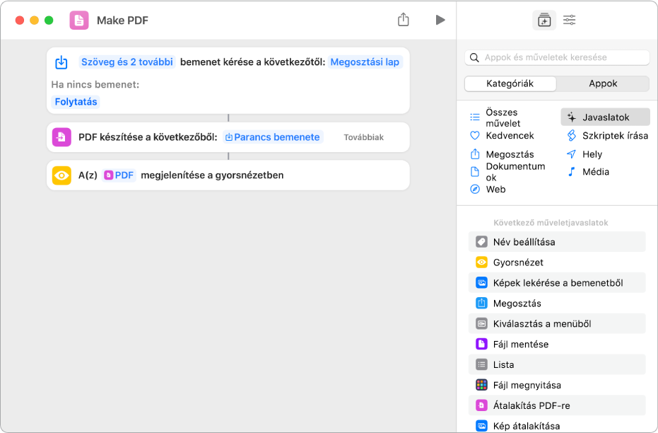 A műveleteket függőleges vonallal összekötő parancsszerkesztő.