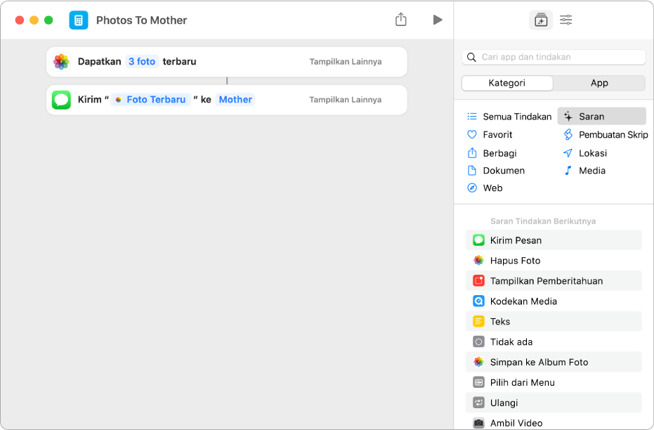 Pintasan yang berisi tindakan Dapatkan Foto Terbaru dan Kirim Pesan.