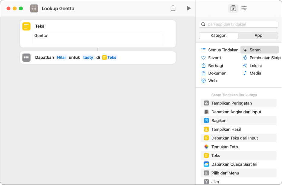 Peringatan kesalahan di editor pintasan.