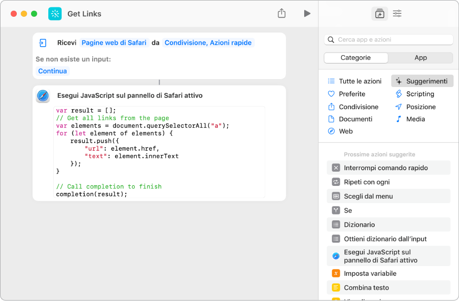 L'azione “Esegui JavaScript sulla pagina web” nell'editor di comandi rapidi.