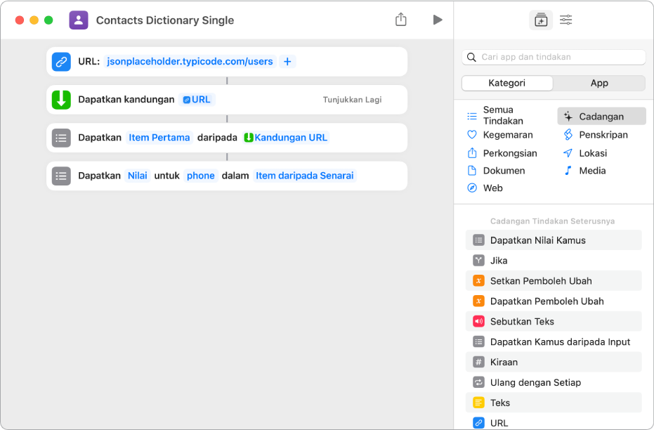 Tindakan Dapatkan Nilai Kamus dalam editor pintasan dengan kunci disetkan ke telefon.
