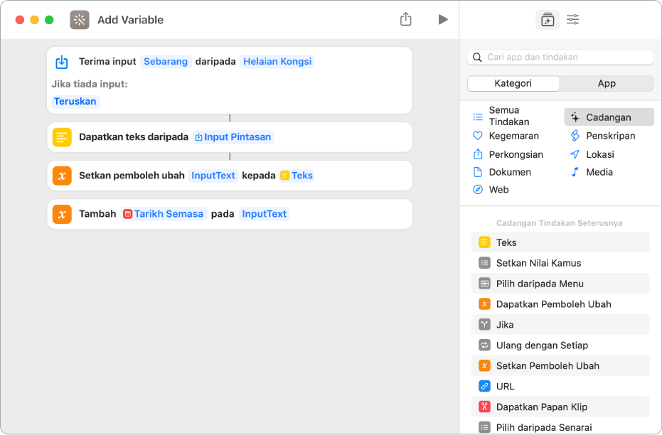Setkan tindakan Pemboleh Ubah dan Tambah ke Pemboleh Ubah dalam editor pintasan.