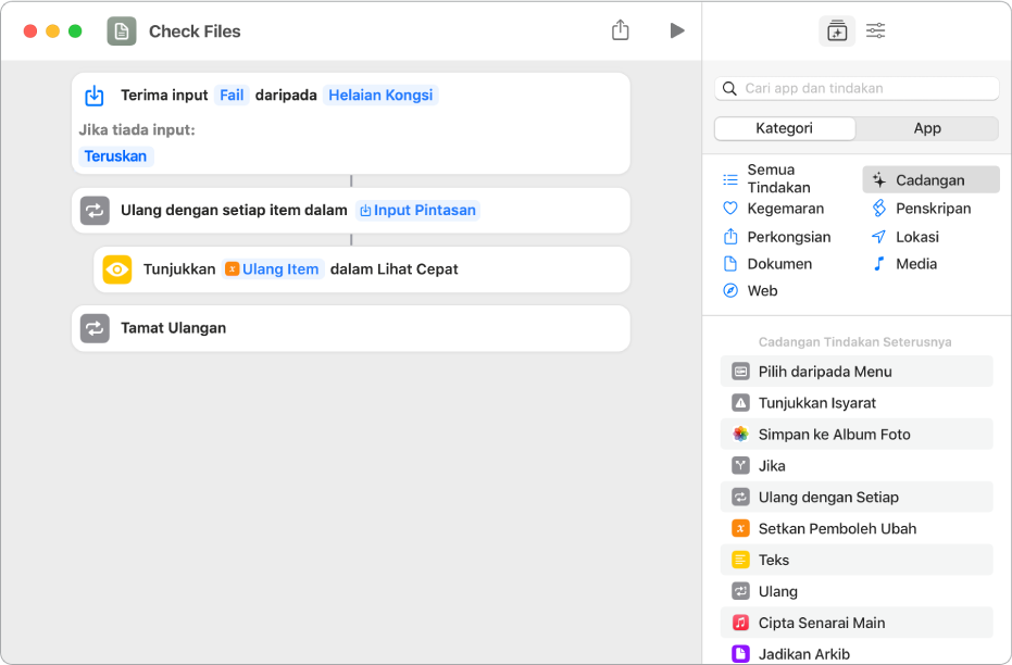 Lihat cepat tindakan dalam editor pintasan.