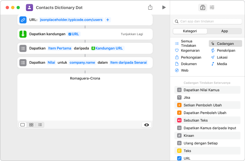 Tindakan Dapatkan Nilai Kamus dalam editor pintasan dengan kunci disetkan ke nama.syarikat.