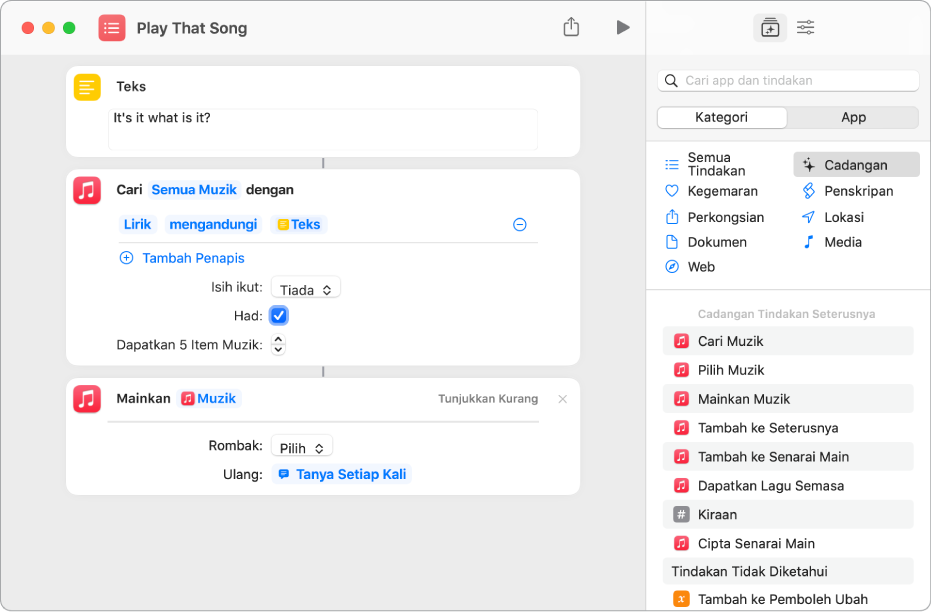 Pemboleh ubah Tanya Setiap Kali menggantikan parameter Ulang dalam tindakan Mainkan Muzik dalam editor pintasan.