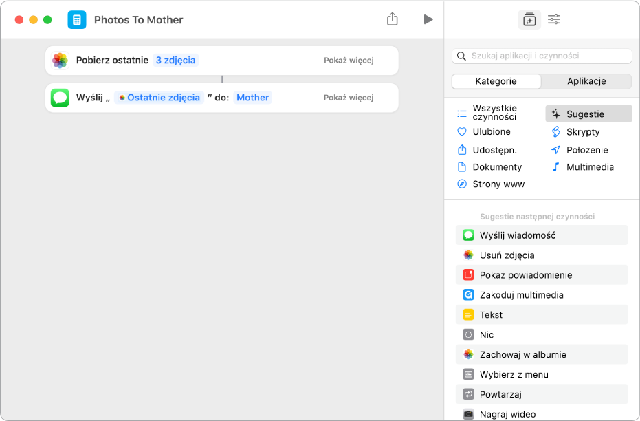 Skrót zawierający czynności Pobierz ostatnie zdjęcia i Wyślij wiadomość.