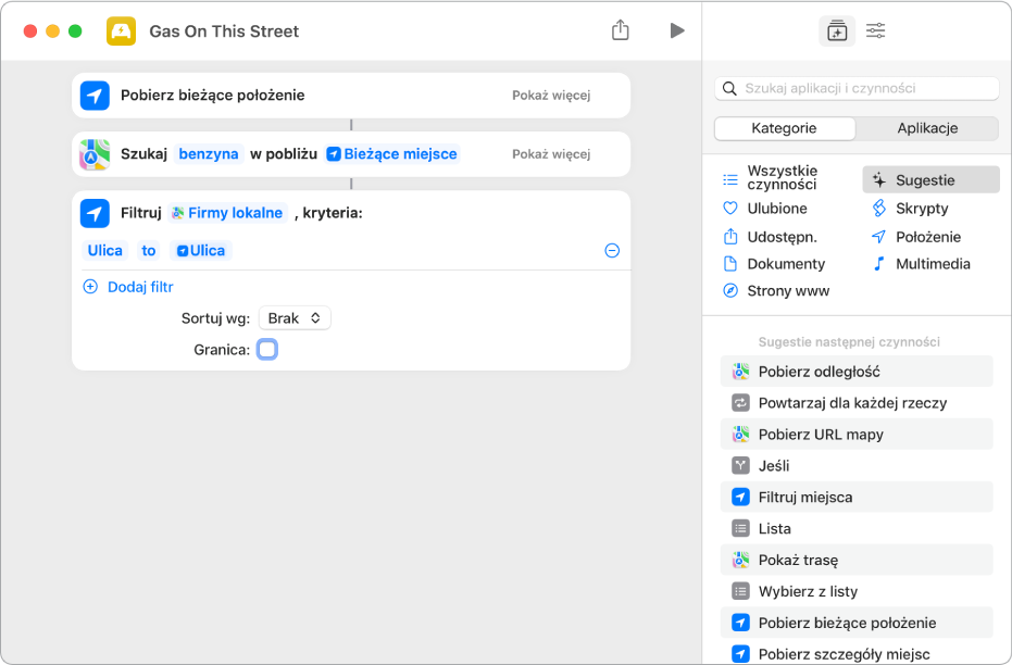 Czynność „Filtruj miejsca” w edytorze skrótów.