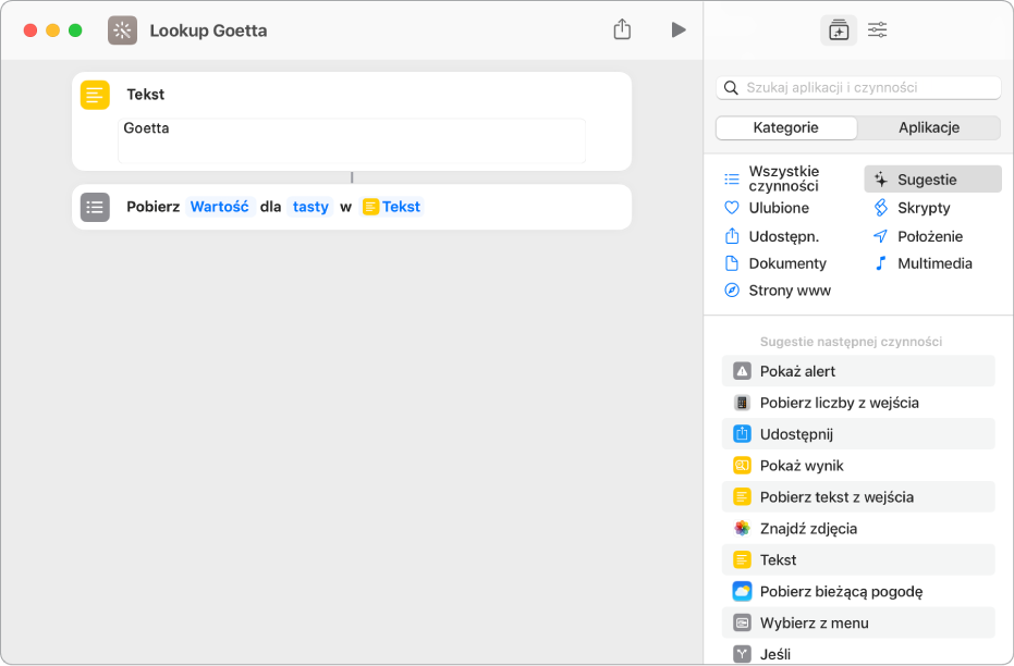 Alert błędu w edytorze skrótów.