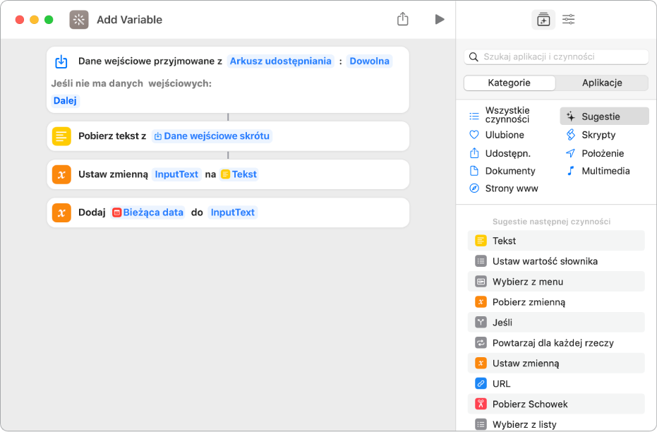 Czynności Ustaw zmienną oraz Dodaj do zmiennej w edytorze skrótów.