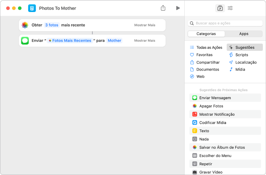 Atalho com uma ação Obter Fotos Mais Recentes e uma ação Enviar Mensagem.