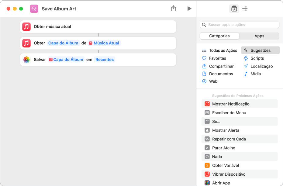 Exemplo de atalho mostrando ações que extraem conteúdo de uma entrada.