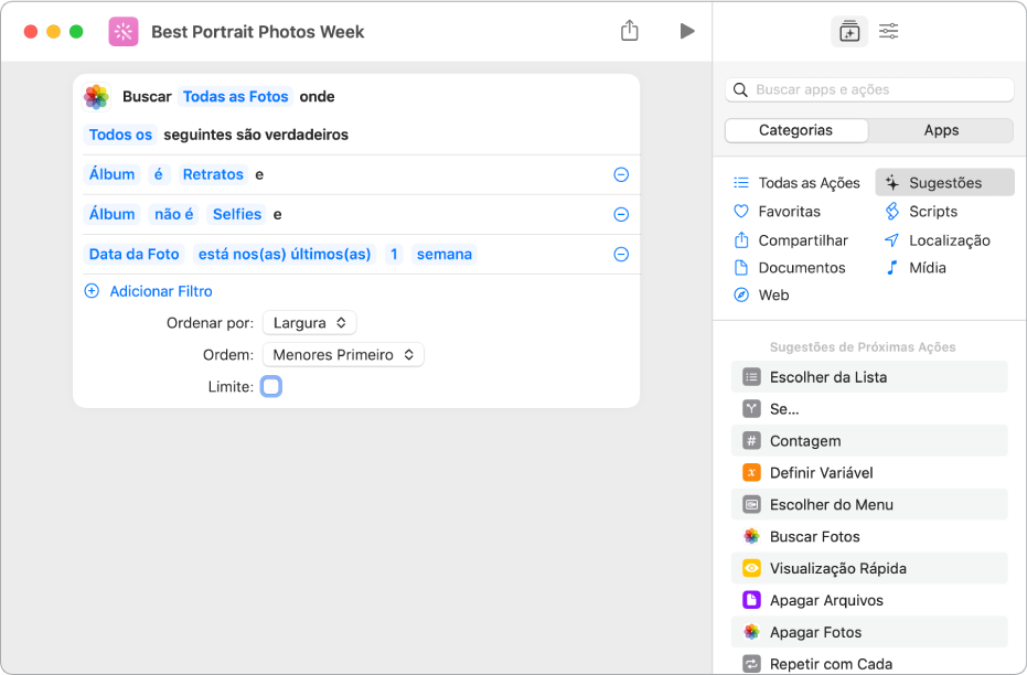 Ação Buscar Fotos Onde no editor de atalhos.