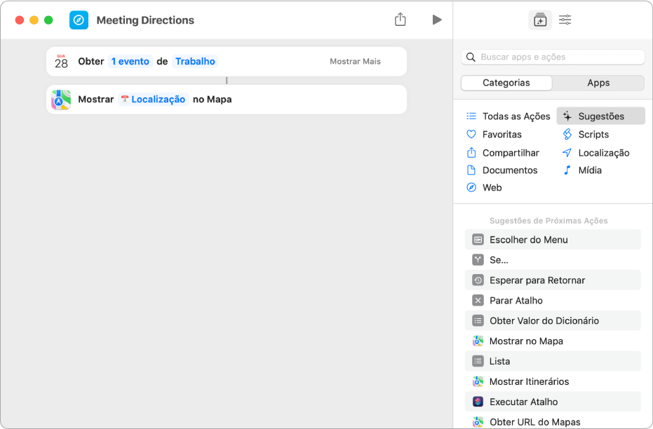 Exemplo de atalho mostrando ações que dependem da detecção de conteúdo.